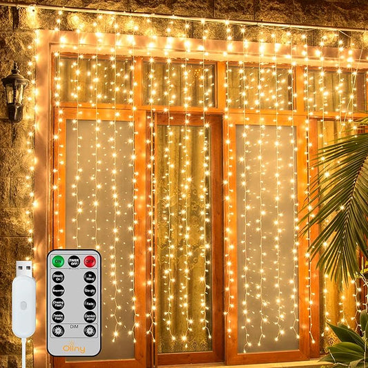 Ollny Curtain Lights 6.6x6.6ft, 200 LED String Lights with Remote 8 Modes Dimmable Timer, USB Power Fairy Light for Bedroom Backdrop Indoor Wall Window Wedding Decor, Warm White