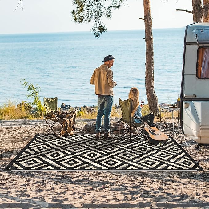 GENIMO Outdoor Rug for Patio Clearance,6'x9' Waterproof Mat,Reversible Plastic Camping Rugs,Rv,Deck,Porch,Camper,Balcony,Backyard (Black & Beige)
