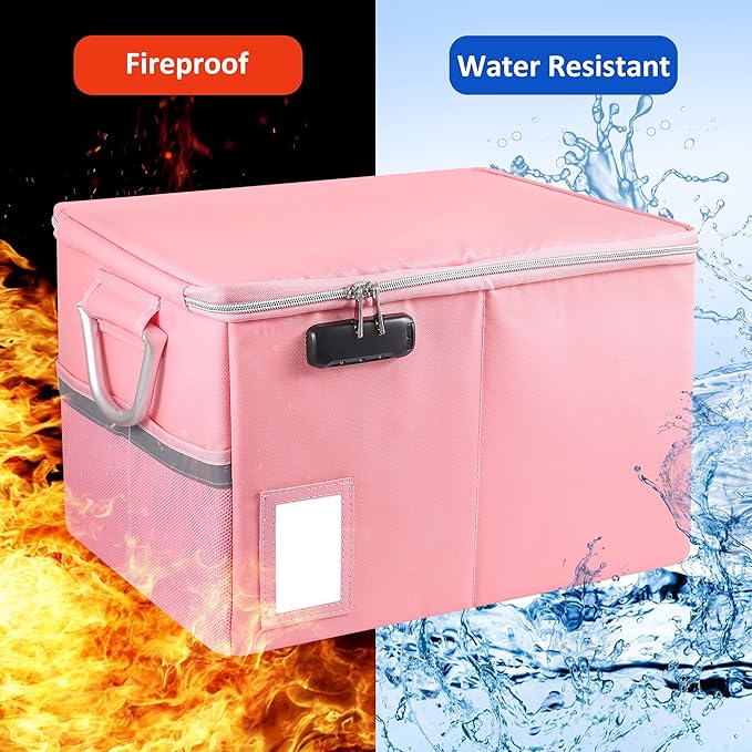 Fireproof Document Box, Fireproof Organizer Safe Box with Lock, Portable Office Storage Cabinet for Hanging Letter/Legal Folder 16.1 x 12.9 x 11in(Pink)