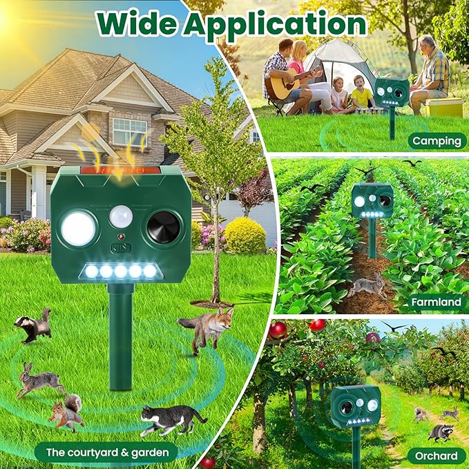 Solar Ultrasonic Animal Repellent Outdoor, 2 Pack Cat Squirrel Raccoon Bird Dog Deer Repellent Devices with PIR Motion Sensor ＆ LED Flash, Waterproof Animal Deterrent for Garden Yard Farm