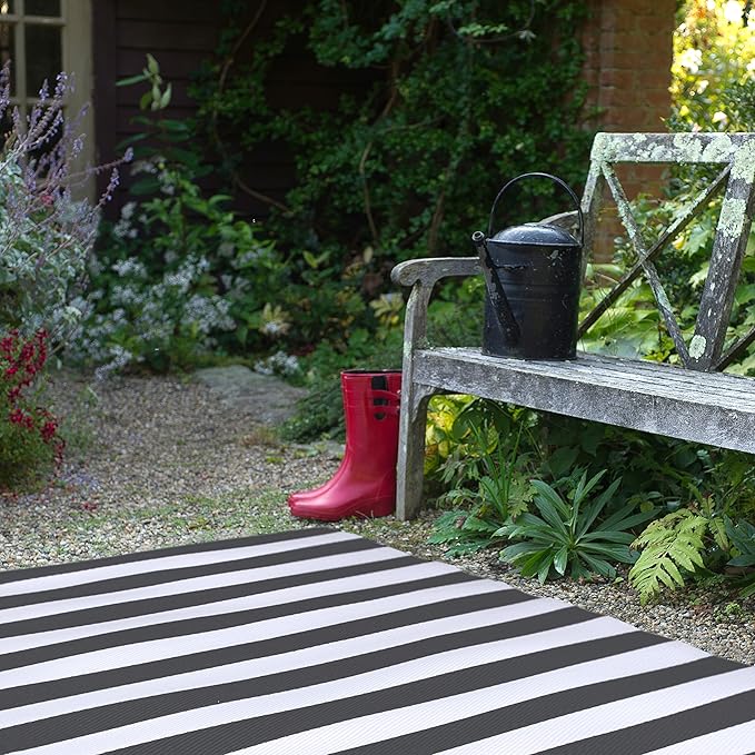 FH Home Outdoor Rug - Waterproof, Fade Resistant, Crease-Free - Premium Recycled Plastic - Geometric - Patio, Porch, Deck, Balcony - Brittany Stripe - Gray & White - 5 x 8 ft