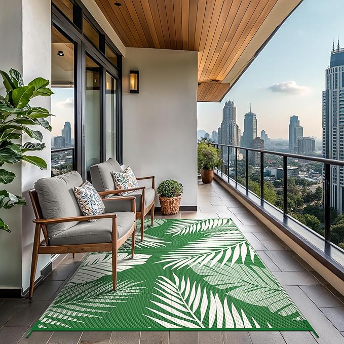 GENIMO Outdoor Rug 9' x 12' Waterproof for Patios Clearance, Reversible Outdoor Plastic Straw Camping Rug Carpet, Large Area Rugs Mats for RV, Picnic, Backyard, Deck, Balcony, Porch, Dark Green&White