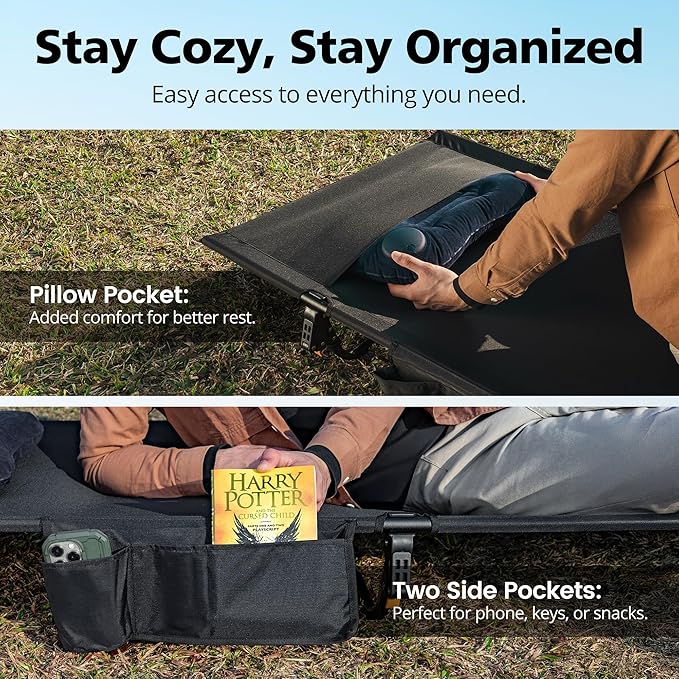 Ultralight Camping Cot for Adults - Portable Folding Camping Bed, Supports 350 lbs - Lightweight for Travel, Camping, Hiking, Backpacking, Mountaineering, Black