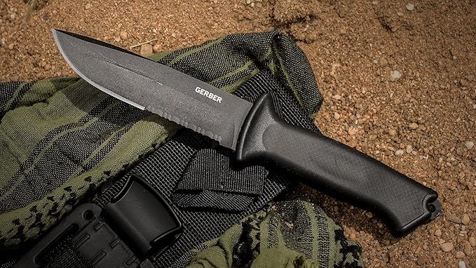 Gerber Gear Prodigy Fixed Blade Survival Tactical Knife - Made in USA Full Tang, Serrated Edge Knife - American High Carbon Steel Blade - Molded Soft-Grip - with Protective MOLLE Sheath - Black