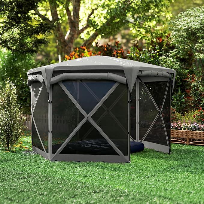 Outsunny Pop Up Gazebo Screen Tent House, 11 x 11ft with UPF30+ Removable Roof Cover, 4 Roll-up Wind Panels and Carry Bag for Camping, Patio, Backyard, Lawn, Dark Gray