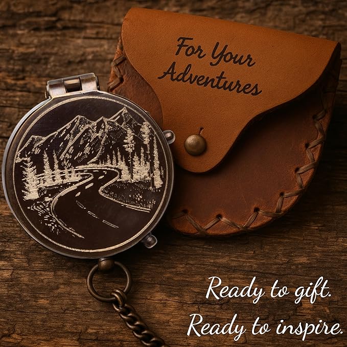 Engraved Compass Gift for Men – Vintage Brass Pocket Compass for Hiking, Adventure, and Travel – Antique Finish with Leather Case – Moon & Stars, or Road Design – Gift for Dad, Husband, or Son