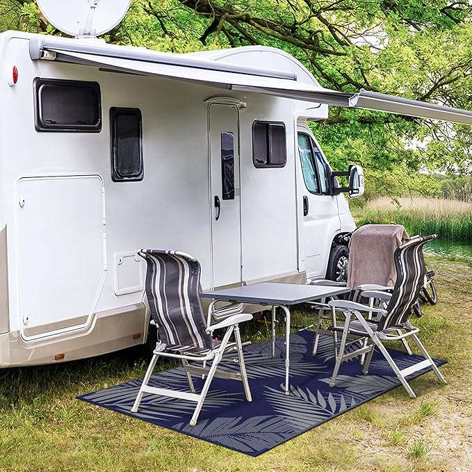 GENIMO Outdoor Rug 3' x 5' Waterproof for Patios Clearance, Reversible Outdoor Plastic Straw Camping Rug Carpet, Large Area Rugs Mats for RV, Camper, Deck, Balcony, Porch, Beach, Picnic Navy Blue&Grey