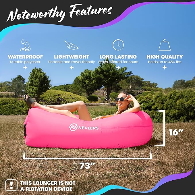 Nevlers 2 Pack Inflatable Loungers Air Sofa Couch | Perfect for Beach Chair Camping Chairs or Portable Hammock |Travel Bag Pouch, Pegs & 3 Pockets| Movie Seating & Camping Accessories Blow Up Lounger