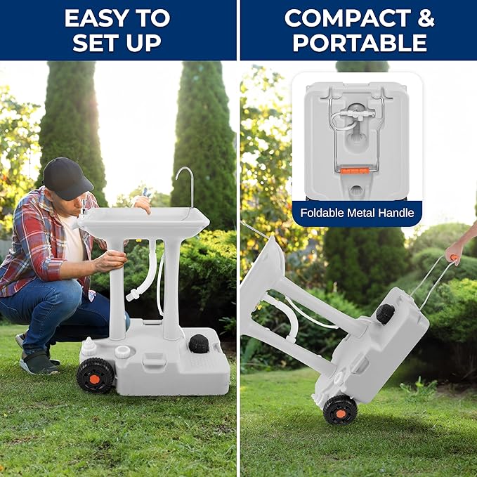 SereneLife Portable Camping Sink with 30L (7+ Gallon) Built-In Water Tank, Large Wheels, Hands-Free Foot Pump, Extra-Large Basin, and 5L Soap Dispenser – Ideal for Outdoors, Camping, and Worksites