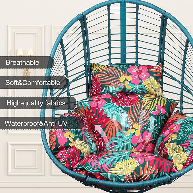 Oversized Hanging Egg Chair Outdoor Indoor, Wicker Swing Egg Chair with Stand 400lbs Capacity for Bedroom, Patio, Garden and Balcony (Hawaii Blue-Regular, Oversize)