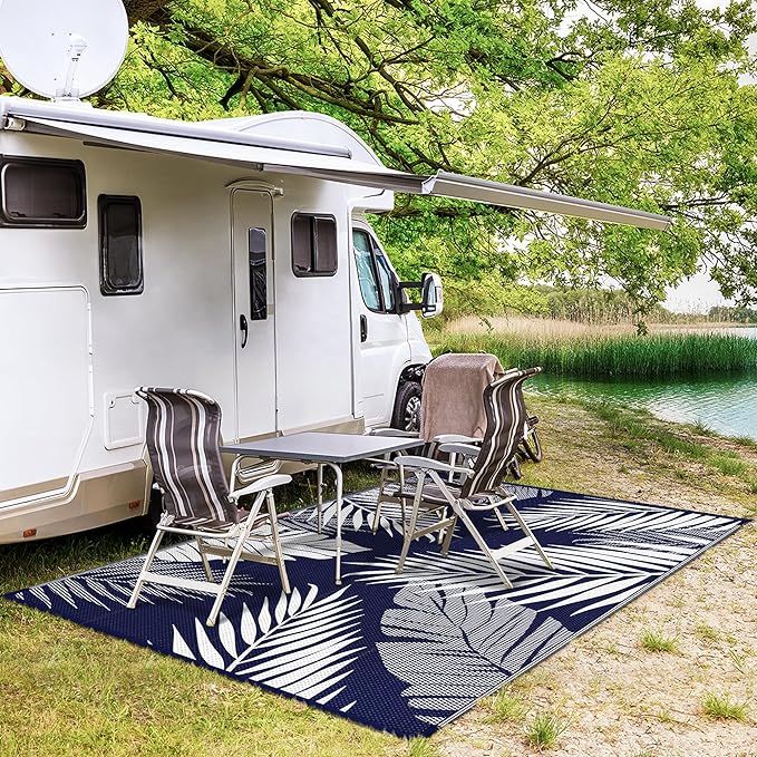 GENIMO Outdoor Rug 4' x 6' Waterproof for Patios Clearance, Reversible Outdoor Plastic Straw Camping Rug Carpet, Large Area Rugs Mats for RV, Camper, Deck, Balcony, Porch, Beach, Navy Blue&White