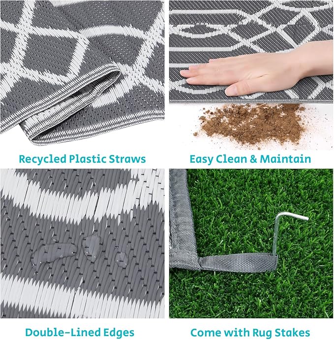 HEBE Outdoor Rug Waterproof 8x10, Reversible Plastic Straw Rug RV Camping Rug, Indoor Outdoor Patio Mat Clearance, Outside Carpet for Porch,Deck,Camper,Balcony,Backyard,Picnic