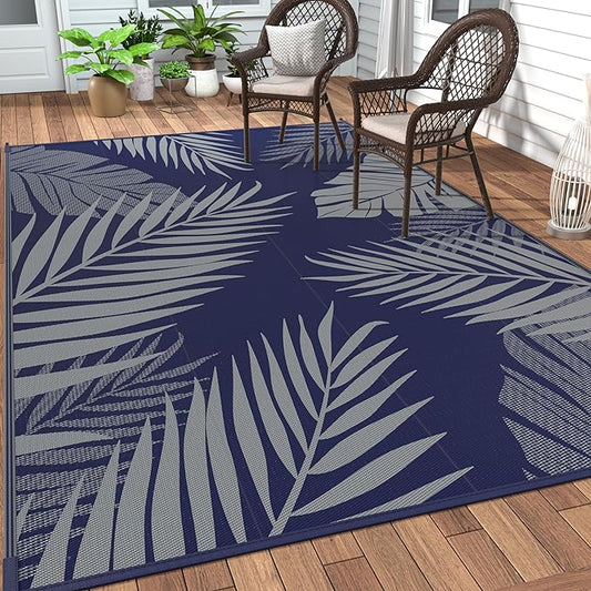 GENIMO Outdoor Rug 10' x 14' Waterproof for Patios Clearance, Reversible Outdoor Plastic Straw Camping Rug Carpet, Large Area Rugs Mats for RV, Camper, Deck, Balcony, Porch, Beach, Navy Blue&Grey