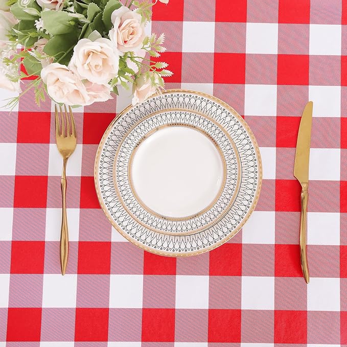 misaya Square Waterproof Vinyl Table Cloth, Buffalo Flannel Backed Tablecloth, Wipeable Plastic Table Cover for Dinner, Kitchen, Outdoor (60" x 60", Red and White)