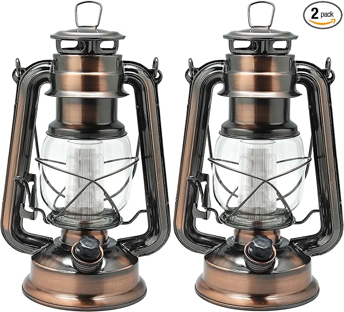 YAKii LED Vintage Lantern Metal Hanging Hurricane 12 LED Dimmer Switch Warm White Battery Operated Power Outage Indoor Camping Lighting Outdoor Brooklyn (Copper 2 Pack)