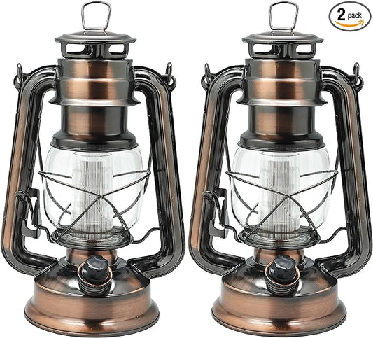 YAKii LED Vintage Lantern Metal Hanging Hurricane 12 LED Dimmer Switch Cold White Battery Operated Power Outage Indoor Camping Lighting Outdoor Brooklyn (Copper 2 Pack)