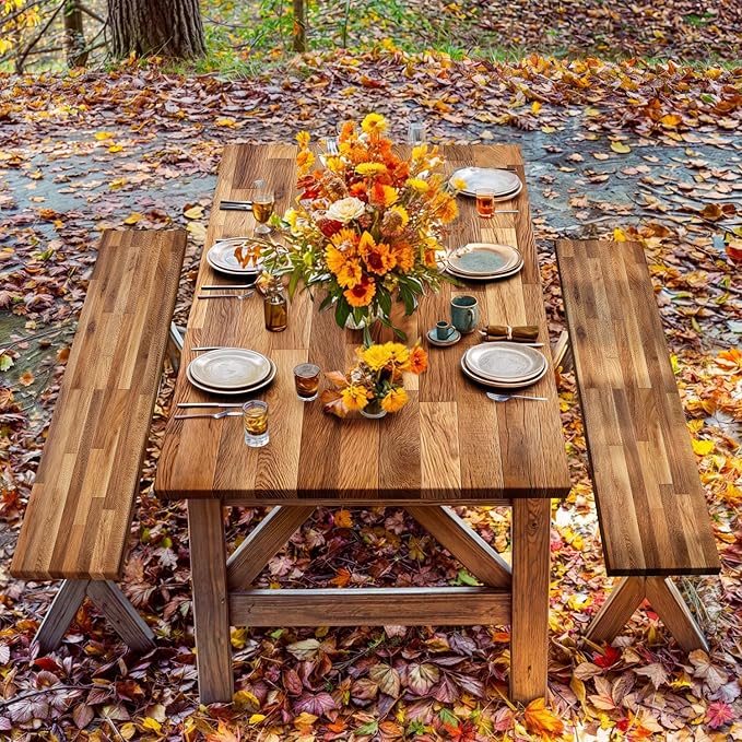 JAWO Picnic Table Covers with Bench Covers Wooden Pattern Camping Tablecloth 6FT for 6 Person Fitted Picnic Table Cover with Elastic Windproof Waterproof Fabric, Camping Accessories Patio & Outdoor