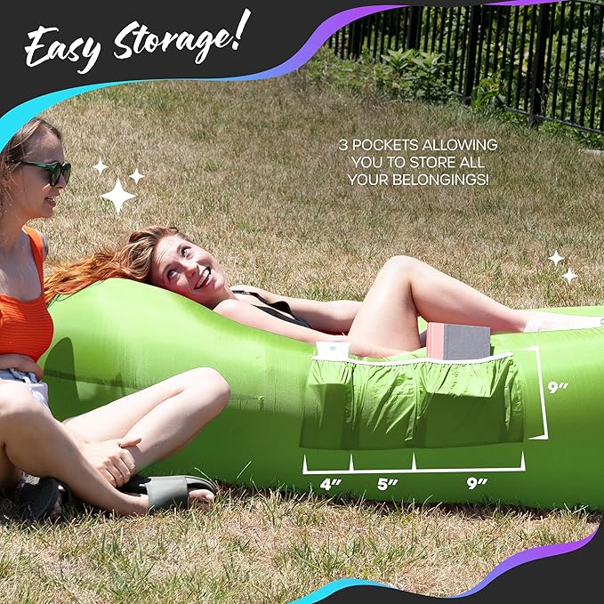 Nevlers Inflatable Lounger | 210T Polyester Inflatable Chair | No-Pump Blow Up Couch | Camping Couch Air Sofa Bed w/ 450 lbs. Cap., Pockets & Matching Bag | Use as Inflatable Couch for Adults & Kids