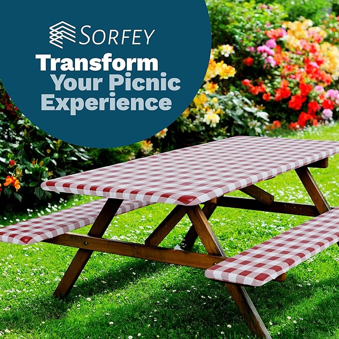 Sorfey Picnic Table Cover with Bench Covers -Fitted with Elastic, Vinyl with Flannel Back, Fits for Table 30"x 60" Rectangle,Water Proof, Solid Yellow Design