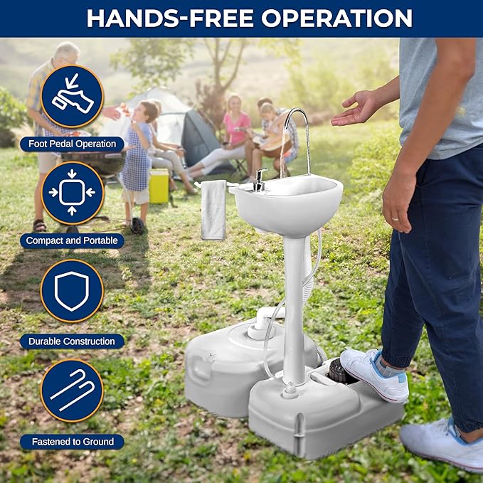 SereneLife Portable Hand Wash Sink, 24L Waste Tank, Rolling Wheels, Quick Assembly Outdoor Sink With Hands Free Foot Pump and Soap Dispenser, Ideal for Outdoor Events, Camping, Boating and Worksites