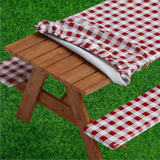 Sorfey Picnic Table Cover with Bench Covers -Fitted with Elastic, Vinyl with Flannel Back, Fits for Table 30"x 60" Rectangle,Water Proof, Checked Burgundy Design