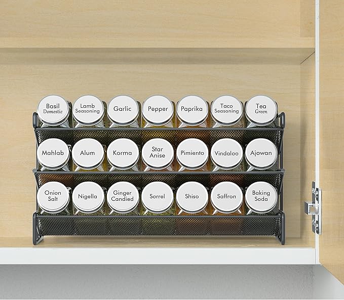 SpaceAid Spice Rack Organizer with 21 Spice Jars, 386 Spice Labels, Chalk Marker and Funnel Set for Cabinet, Countertop, Pantry, Cupboard or Door & Wall Mount - 21 Jars, 13.4" W × 9" H, White