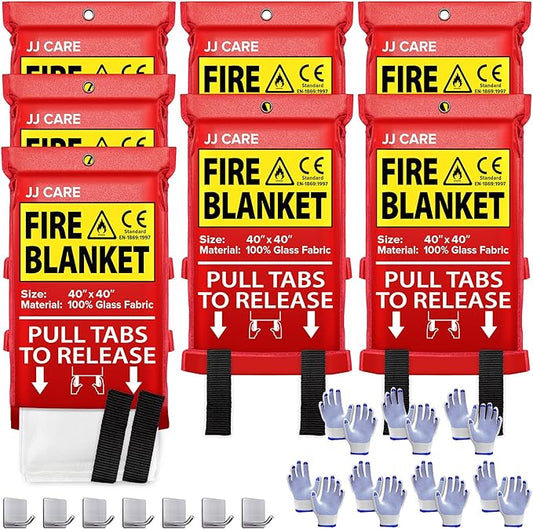 JJ CARE Fire Blanket – 7 Packs with Hooks and Gloves – 40” x 40” Fire Blankets Emergency for Home and Kitchen, High Heat Resistant and Flame Protection for Kitchen, Car, Office, Camping & Home Safety