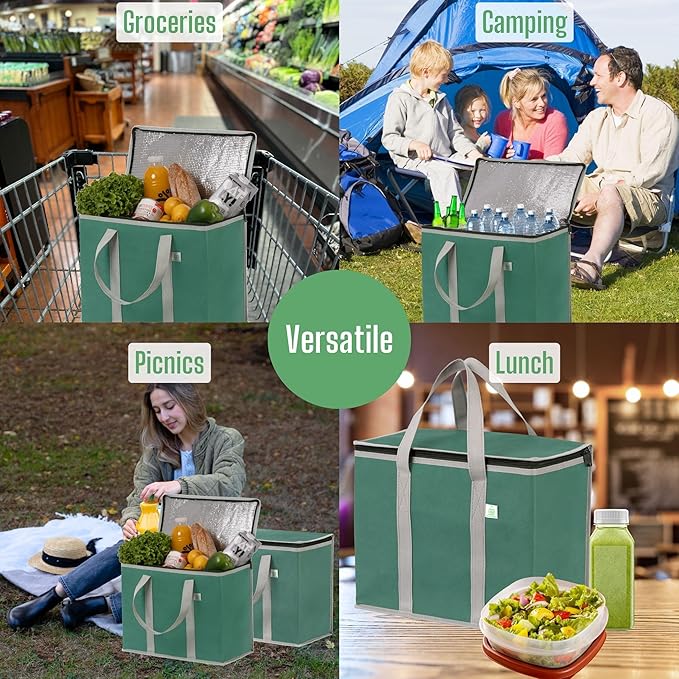 VENO 2 Pack Cooler Bag and Insulated Grocery Bags for Food Delivery, Collapsible Cooler, Reusable Shopping Bags for Groceries with Zipper, Foldable, Heavy-Duty, Stands Upright (Green, 2 Pack)