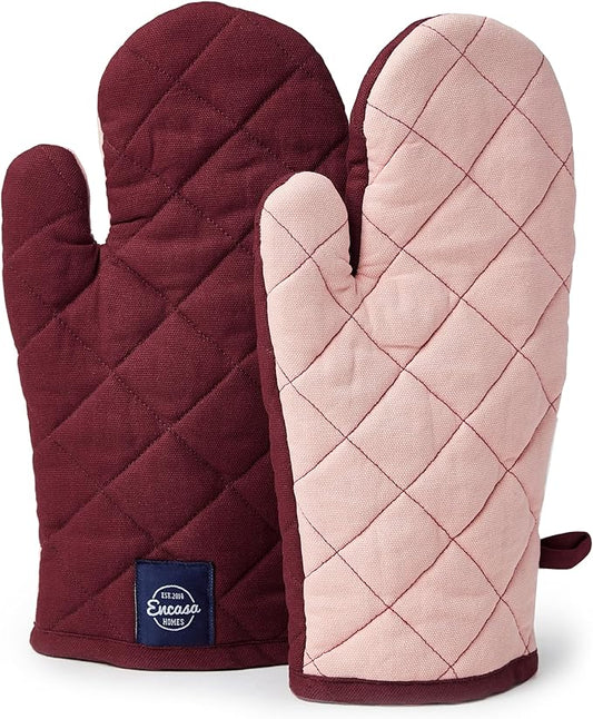 Encasa XO Heat Resistant Cotton Oven Gloves Mitts (2 Pc Set) - Quilted & Safe 12x7 in - for Kitchen, Cooking & Baking, Grilling, Handling Hot Pots & Pans - Maroon