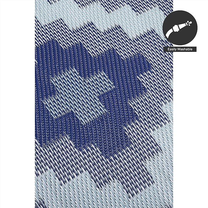 FH Home Outdoor Rug - Waterproof, Fade Resistant, Reversible - Premium Recycled Plastic - Geometric - Patio, Deck, Porch, Balcony, Laundry Room - Aztec Kilim - Blue Multi Crease Free - 4 x 6 ft