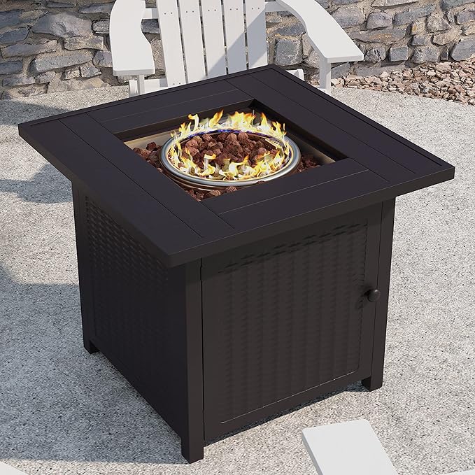EMMA + OLIVER Calder Fire Table - Black Steel Base - Wicker Detailing - Stainless Steel Top - Removable Lid - Includes Lava Rocks - Hideaway Tank Holder