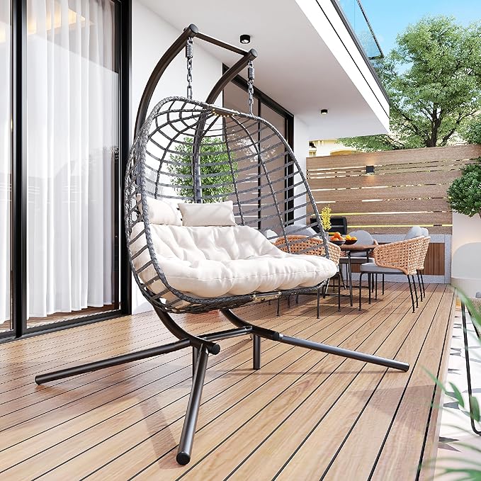 Double Hanging Egg Chair wth Stand, Patio Hammock Swing Chair with Cushion Loveseat for Bedroom, Balcony, Garden, Indoor, Outdoor, Beige