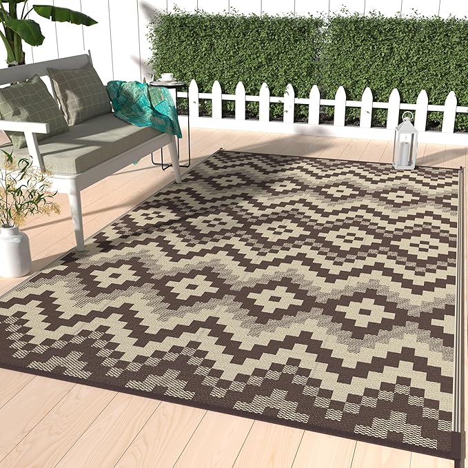 GENIMO Outdoor Rug Waterproof 8x10 ft, Lightweight Plastic Straw Rugs, Outside Reversible Large Mat Carpet for Patio, Camping, RV, Deck, Balcony, Porch, Backyard, Coffee & Beige