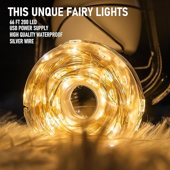 TW SHINE 66 FT 200 LED Fairy Lights for Bedroom Warm White, USB Waterproof Christmas String Lights with Remote Timer, 8 Modes Copper Wire for Indoor Outdoor Party Tree Wedding Yard Decorations