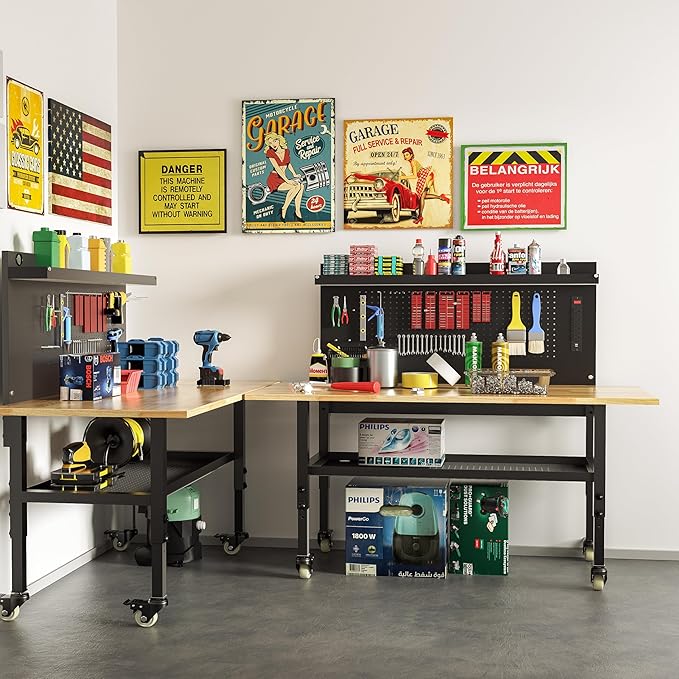 60" Heavy Duty Adjustable Workbench with Large Pegboard& Partition, Adjustable Work Table with Power Outlets & Lockable Wheels, Rubber Wood Workstation for Garage, Workshop, Office, Home, Commercial
