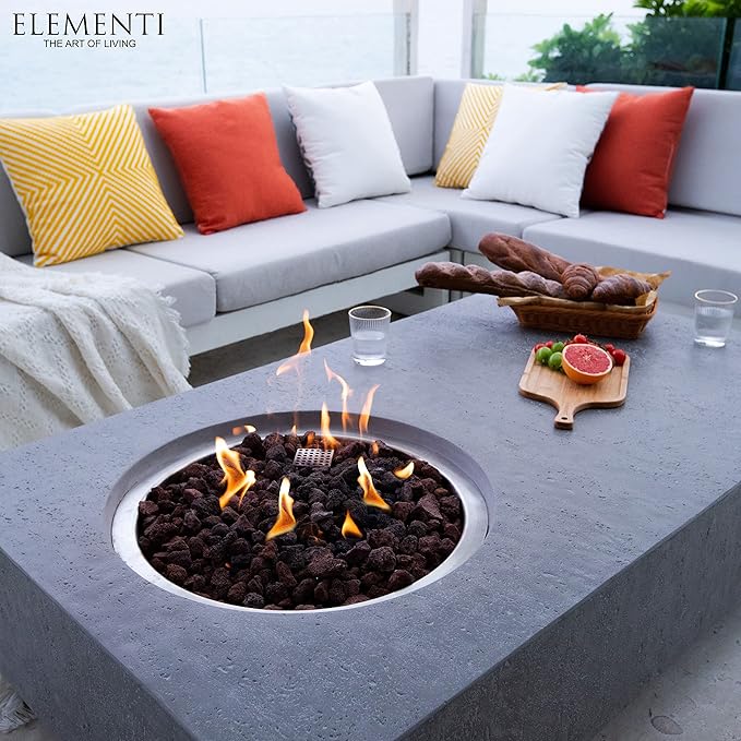 Elementi | Metropolis Gas Fire Pit Cast Concrete 56" Rectangular Fire Table, Outdoor Fire Pit Electronic Ignition | Canvas Cover, Lava Rock Included | Light Gray (Propane Gas)