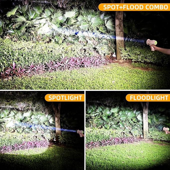 YIERBLUE Rechargeable Spotlight Floodlight Combo High High Lumen LED, IP67 Waterproof Spot Light COB Flood Light, Impact Resistant Handheld Spotlight with Foldable Stand and Detachable Red Lens