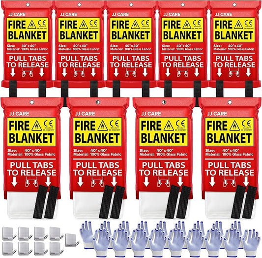 JJ CARE Fire Blanket – 9 Packs with Hooks and Gloves – 40” x 40” Fire Blankets Emergency for Home and Kitchen, High Heat Resistant and Flame Protection for Kitchen, Car, Office, Camping & Home Safety