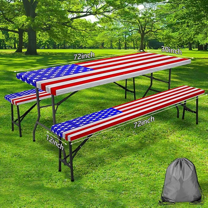 JAWO American Flag Picnic Table Cover with Bench Covers Vintage Camping RV Essentials Waterproof Windproof Fitted Outdoor Tablecloth with Elastic Rectangle Table Cloth Camping Accessories, 30x72in