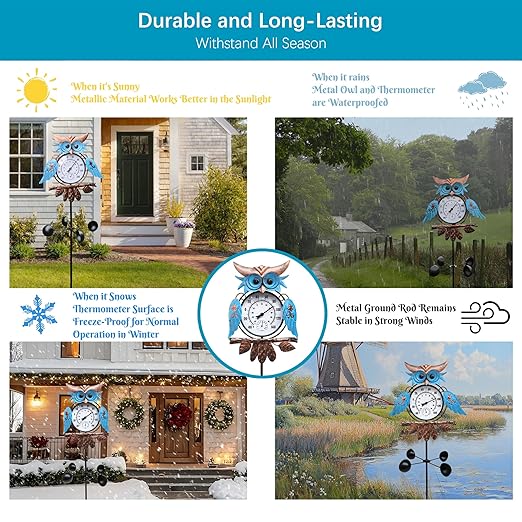Outdoor Thermometer for Patio - Owl Garden Stake Thermometer with Wind Spinner Design - 60 inch Outside Temperature Gauge for Yard - Easy to Read, Durable & Weatherproof - Garden Decor
