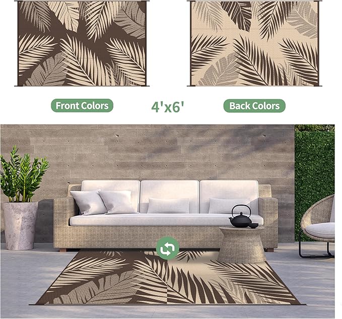 GENIMO Outdoor Rug 4' x 6' Waterproof for Patios Clearance, Reversible Outdoor Plastic Straw Camping Rug Carpet, Large Area Rugs Mats for RV, Camper, Deck, Balcony, Porch, Beach, Coffee&Beige