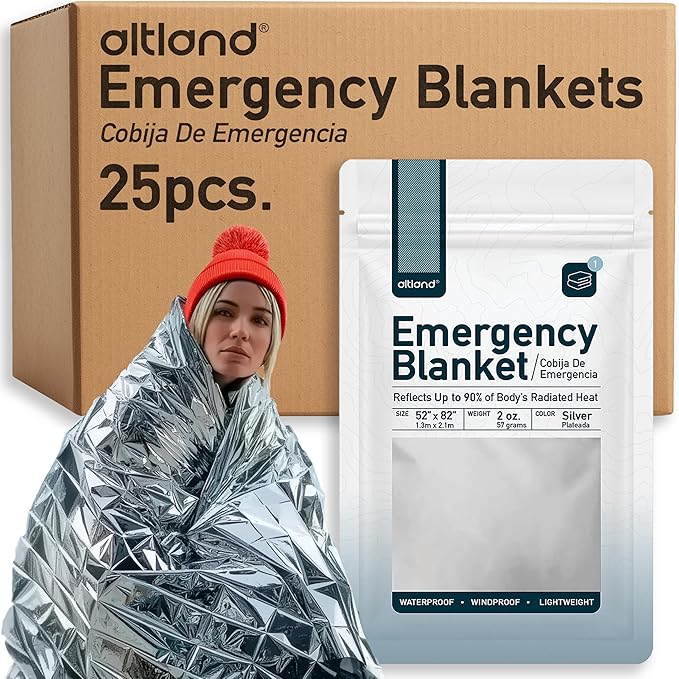 Altland 25 Pack of Emergency Blankets - Bulk Heat Reflective Blankets for Winter Survival Kits, Disaster Preparedness, Cold Weather Camping, and Homeless Care Packages