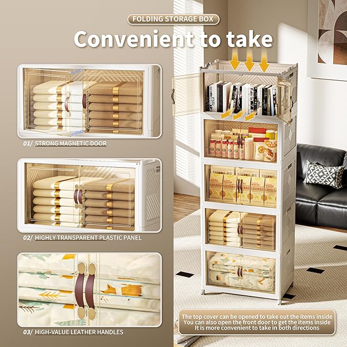 660 QT / 165 Gal Collapsible Storage Bins with Wheels & Magnetic Doors - Stackable Plastic Cabinet Organizer for Home, Garage, Closet (White Space-Saving Containers)