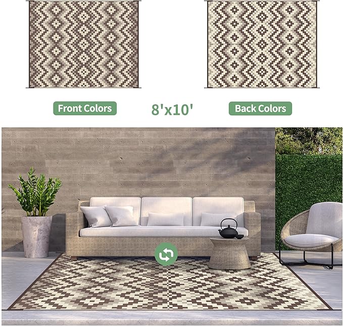 GENIMO Outdoor Rug Waterproof 8x10 ft, Lightweight Plastic Straw Rugs, Outside Reversible Large Mat Carpet for Patio, Camping, RV, Deck, Balcony, Porch, Backyard, Coffee & Beige