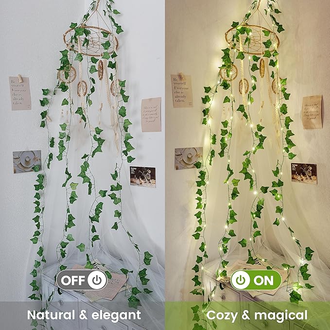 Ivy Vine with Fairy Lights, 23FT 73 LED Leaf Lights Indoor USB/Battery Operated, Fake Vine String Lights for Bedroom, Wall, Party, Garden, Birthday, Wedding, Room Decor, Warm White
