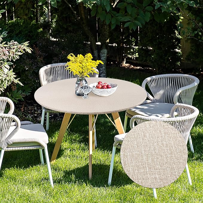 Fitable 4 Pack Vinyl Fitted Round Table Cover with Elastic- Waterproof Faux Linen Tablecloth Flannel Backed Wipeable Table Cloth for Picnic Camping, Nature (Fit for 36"-44" Round Tables)