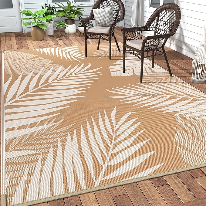 GENIMO Outdoor Rug 6' x 9' Waterproof for Patios Clearance, Reversible Outdoor Plastic Straw Camping Rug Carpet, Large Area Rugs Mats for RV, Camper, Deck, Balcony, Porch, Beach, Picnic, Brown&Beige