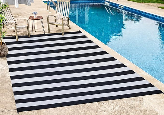 FH Home Outdoor Camping Rug - Waterproof, Fade Resistant, Reversible - Premium Recycled Plastic - Striped - Picnic, Patio, Deck, Sunroom, RV - Brittany Stripe - Black & White - 4 x 6 ft Foldable