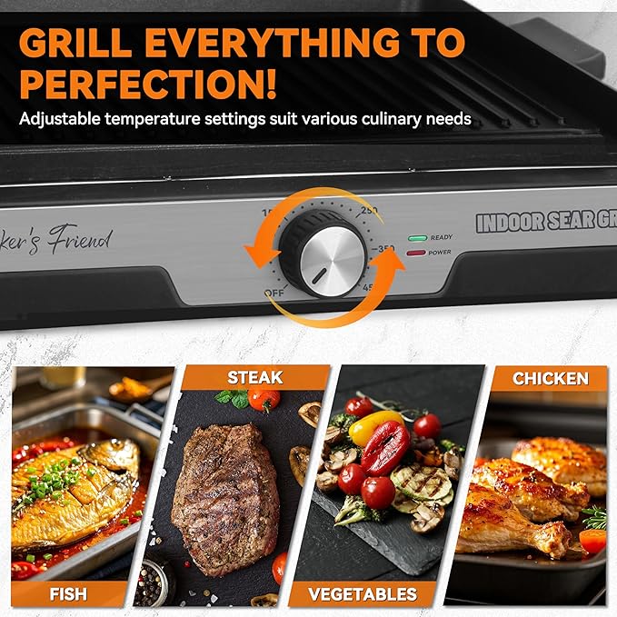 Baker's Friend Smokeless Indoor Grill with Removable Plates, Portable BBQ Grill, Electric Grill Indoor, Indoor Grills Electric Smokeless, Cooking & Grilling Gifts, Recipes Included, Graphite