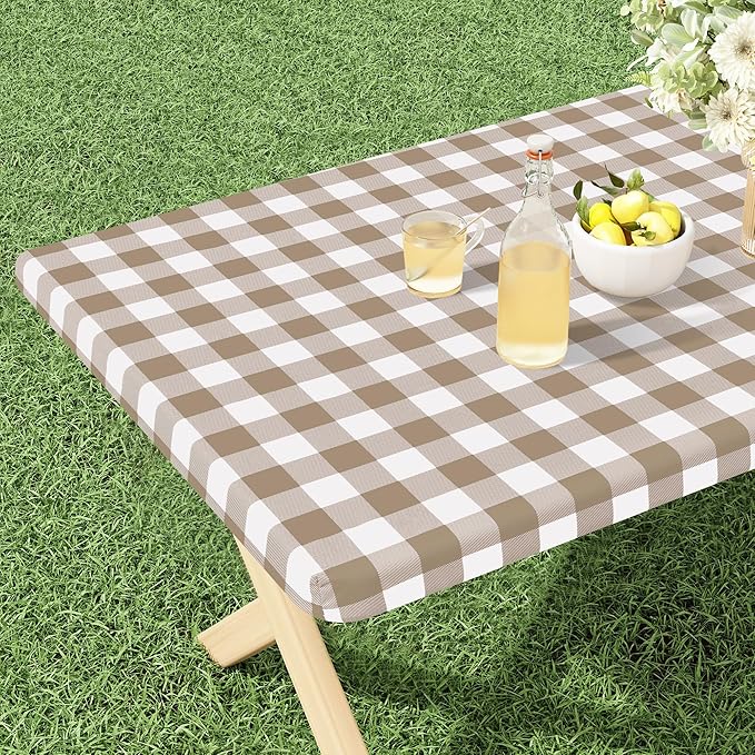 misaya Buffalo Rectangle Picnic Tablecloth, 8 Foot Elastic Fitted Vinyl Table Cloth with Flannel Backing, Waterproof Plaid Table Covers for Dining, Camping, Outdoor (Khaki and White, 30" x 96")